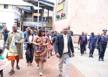Princess Sakhizwe leads a high-level delegation on an official tour along Dr Sishayi Road in Mbabane on Thursday, assessing the venue ahead of the Made in Eswatini Consumer Fair set for May 1, 2026. The delegation included Minister of Housing and Urban Development Hon. A. Maphalala, Mbabane East MP Hon. Welcome Dlamini, Mbabane Mayor T. Mkhonto and Mbabane City Council CEO Gciniwe Fakudze. Photo EFT