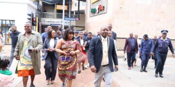 Princess Sakhizwe leads a high-level delegation on an official tour along Dr Sishayi Road in Mbabane on Thursday, assessing the venue ahead of the Made in Eswatini Consumer Fair set for May 1, 2026. The delegation included Minister of Housing and Urban Development Hon. A. Maphalala, Mbabane East MP Hon. Welcome Dlamini, Mbabane Mayor T. Mkhonto and Mbabane City Council CEO Gciniwe Fakudze. Photo EFT