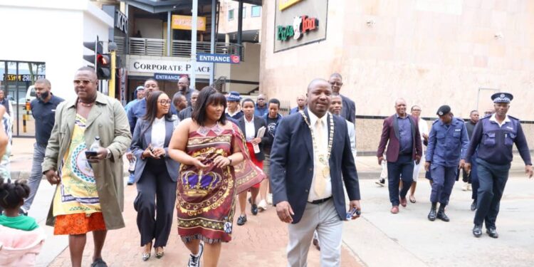 Princess Sakhizwe leads a high-level delegation on an official tour along Dr Sishayi Road in Mbabane on Thursday, assessing the venue ahead of the Made in Eswatini Consumer Fair set for May 1, 2026. The delegation included Minister of Housing and Urban Development Hon. A. Maphalala, Mbabane East MP Hon. Welcome Dlamini, Mbabane Mayor T. Mkhonto and Mbabane City Council CEO Gciniwe Fakudze. Photo EFT