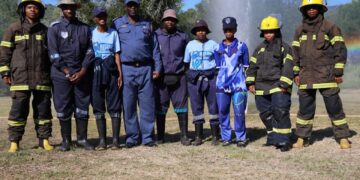 Fire officers from the Eswatini National Fire and Rescue Emergency Service join Rising Stars Generations Eswatini students for a group photo at Mlawula Nature Reserve following a hands-on fire safety drill. — Photo: ENFRES
