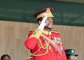 is Majesty King Mswati III saluting members of the Umbutfo Eswatini Defence Force as he inspected the parade during Army Day celebrations at Nokwane.