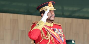is Majesty King Mswati III saluting members of the Umbutfo Eswatini Defence Force as he inspected the parade during Army Day celebrations at Nokwane.