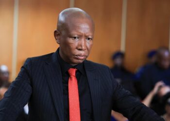 South African opposition politician Julius Malema, leader of Economic Freedom Fighters (EFF) looks on after he was granted leave to appeal a five-year prison sentence by a magistrate's court,in KuGompo City, South Africa, April 16, 2026. REUTERS/Esa Alexander