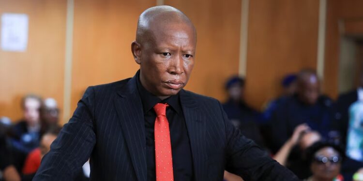 South African opposition politician Julius Malema, leader of Economic Freedom Fighters (EFF) looks on after he was granted leave to appeal a five-year prison sentence by a magistrate's court,in KuGompo City, South Africa, April 16, 2026. REUTERS/Esa Alexander