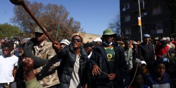 Anti-immigrant protesters take part in a demonstration on the day of an unofficial deadline set by anti-immigrant groups for all undocumented migrants to leave, in Johannesburg, South Africa, June 30, 2026. REUTERS/Oupa Nkosi