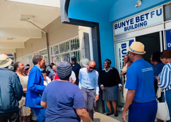 Bunye Betfu SACCO members protest outside the cooperative’s premises amid concerns over its governance and operations. Photo: Screengrab from Eswatini Observer video